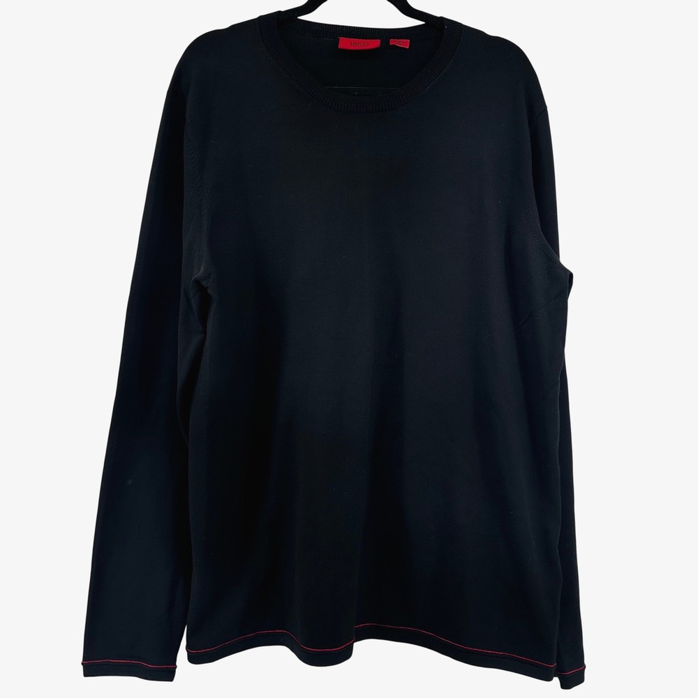 Hugo Boss Sweater Mens Large Black Red Silk Blend Crew Neck Contrast Stitching‎